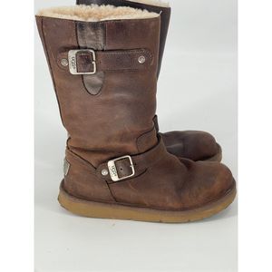 UGG‎ Kensington Biker Boot Women Size 6 Brown Leather Shearling Buckle